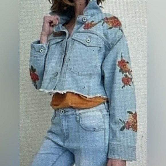 UMGEE jacket denim cropped Large floral embroidered - Picture 1 of 9